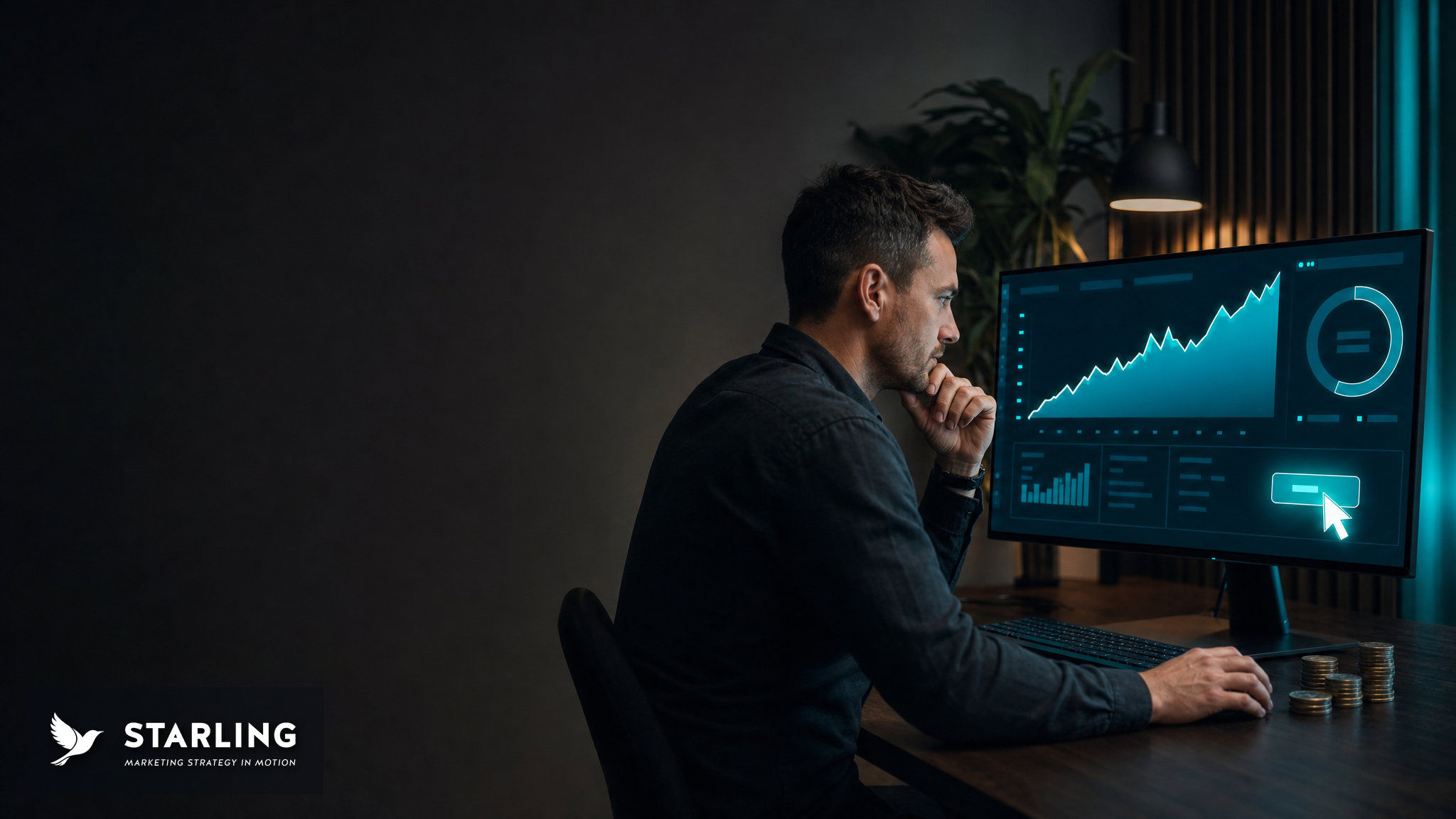 Marketer reviewing a Google Ads performance dashboard in a dark office