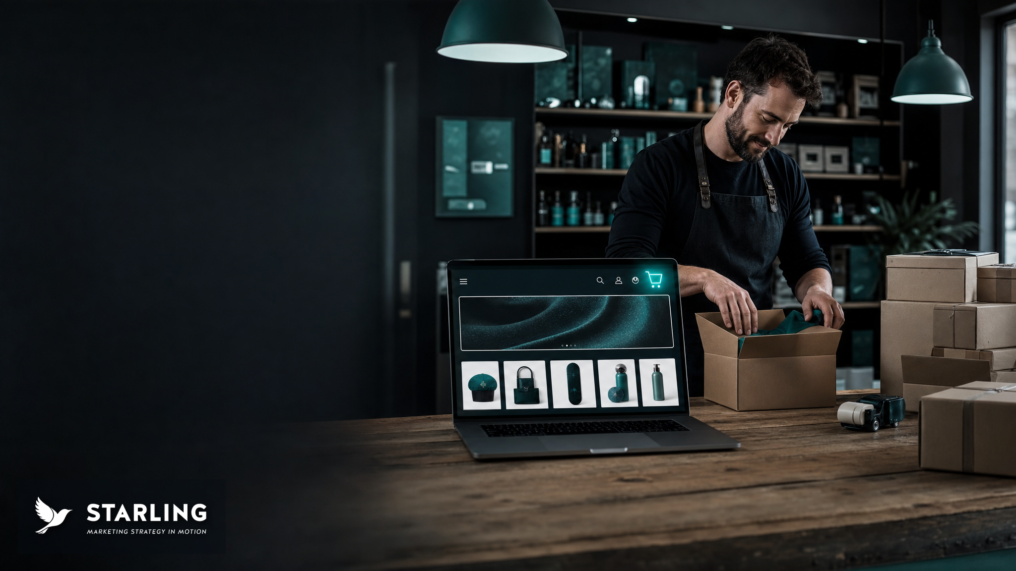 Irish shop owner packing online orders beside a laptop showing an online store