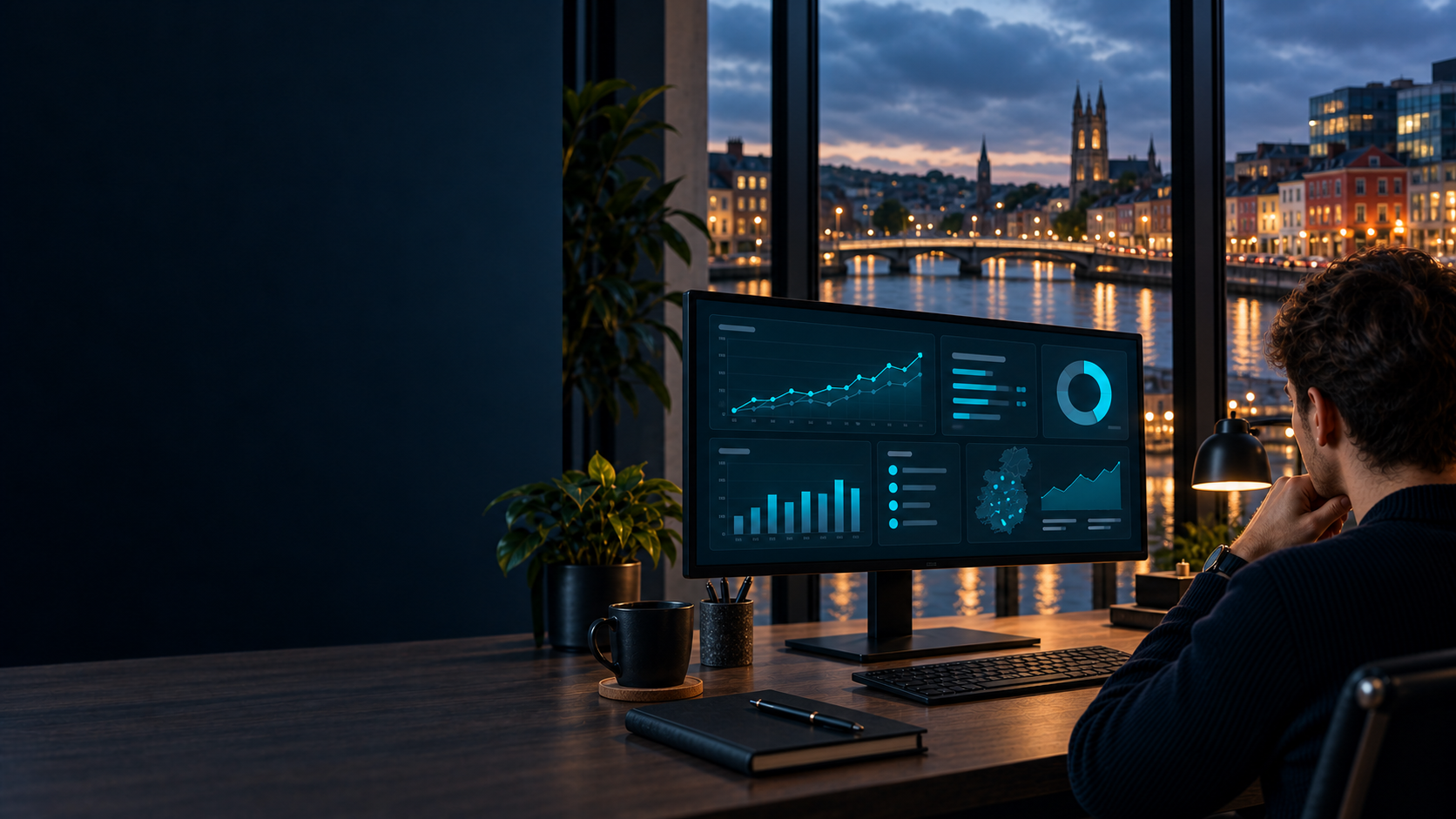 Realistic digital marketing workspace with a Cork city view