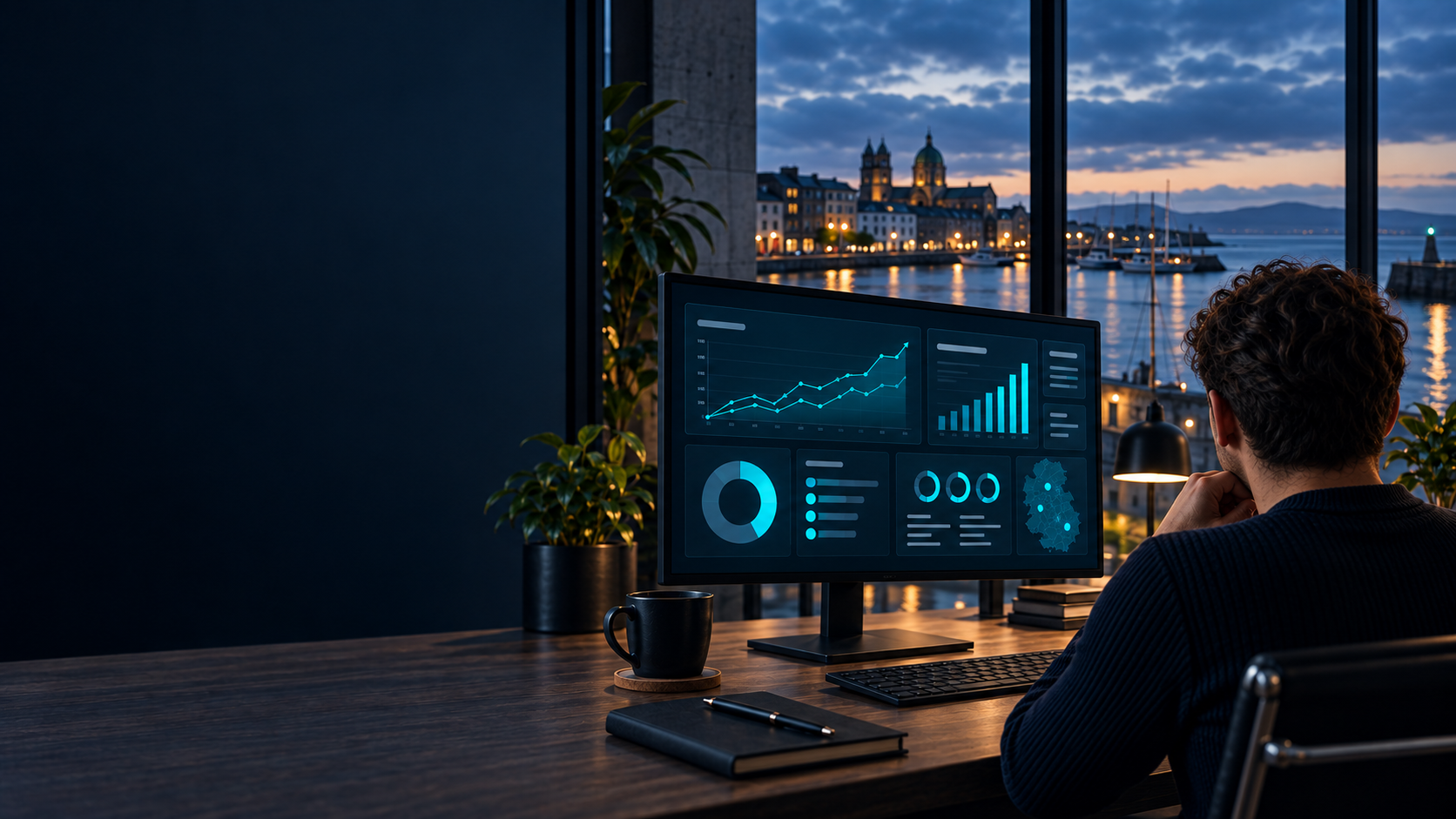 Photorealistic digital marketing workspace inspired by Galway