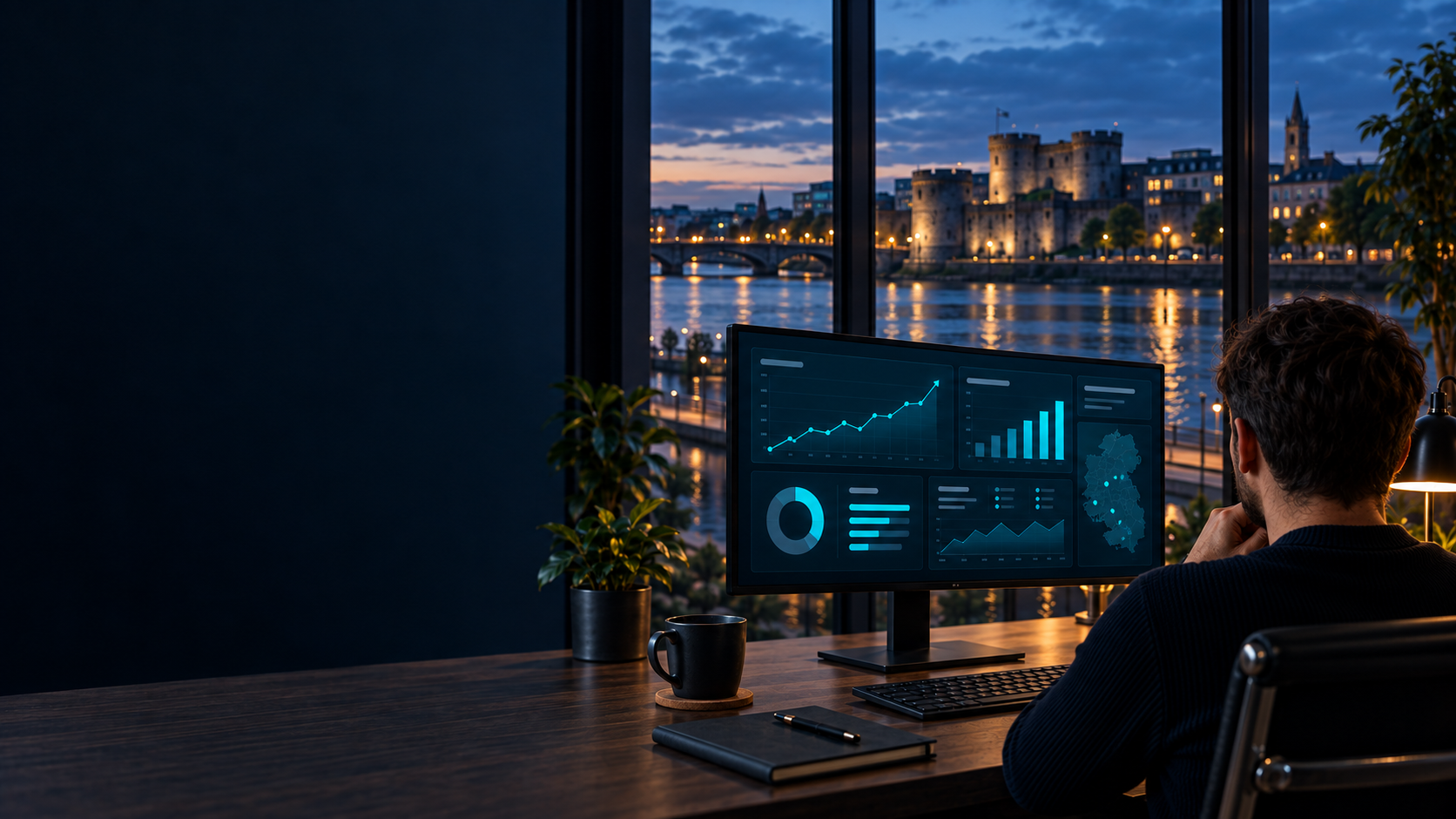 Realistic performance marketing workspace with a Limerick city view